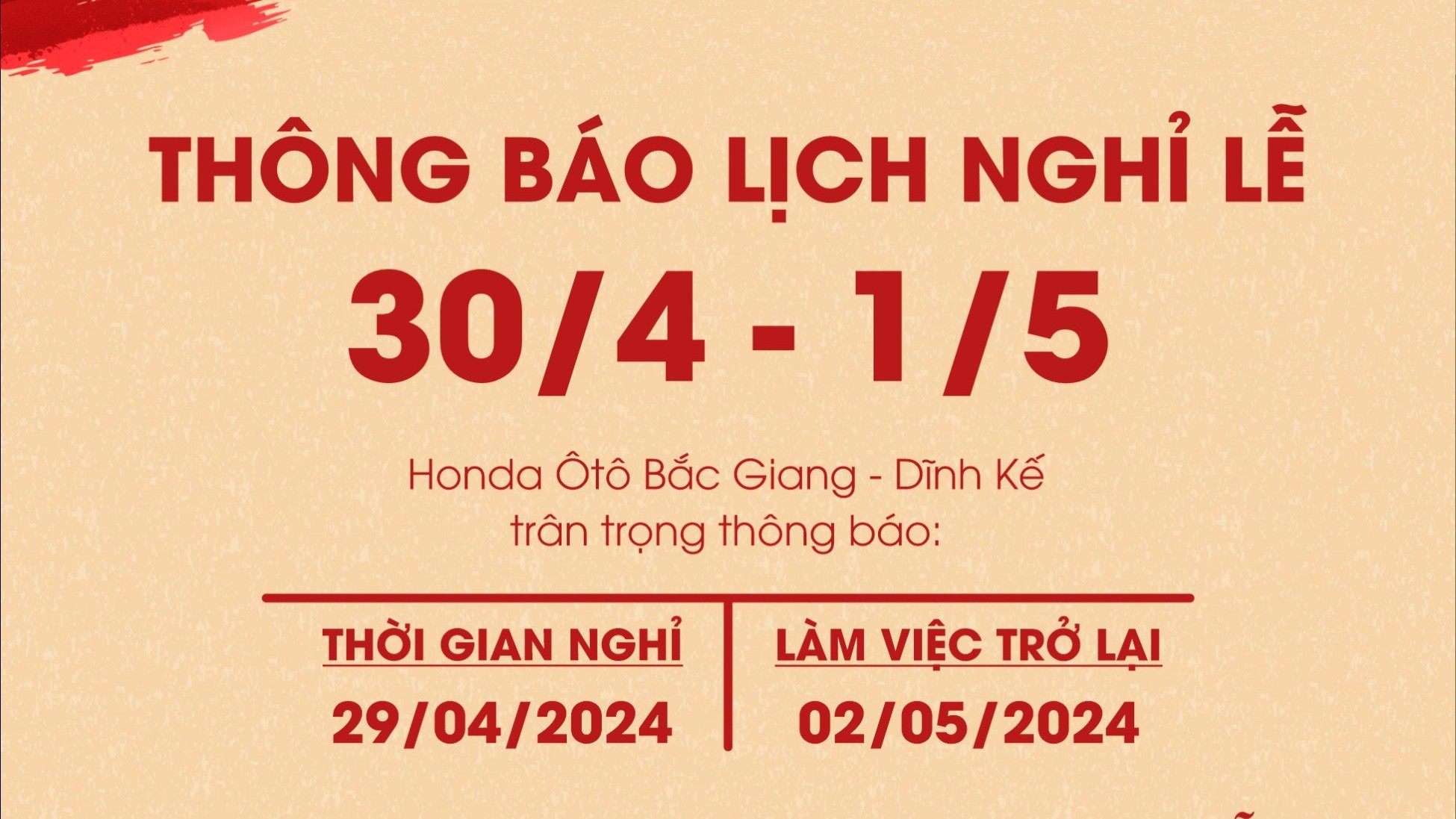 THÔNG BÁO LỊCH NGHỈ LỄ 30/04 - 1/5/2024